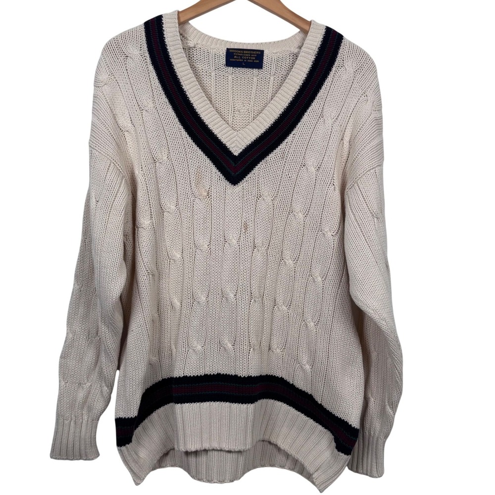 VTG Brooks Brothers Cable Chunky Knit Sweater L Cream Tennis Preppy Fisherman